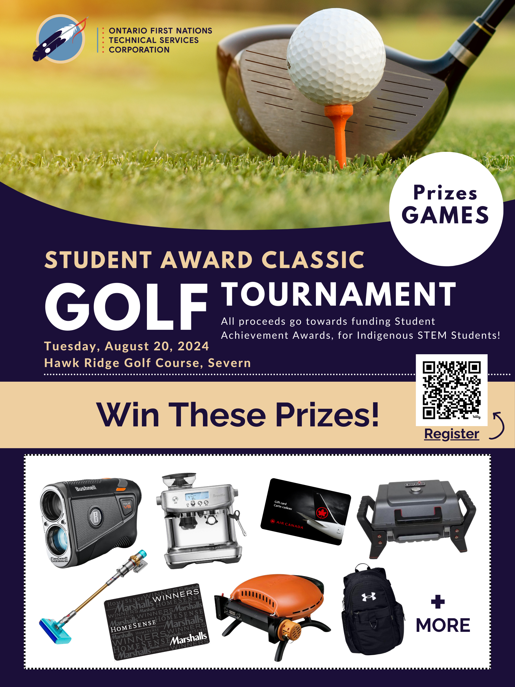 A poster for the golf tournament showing the many prizes that can be won, such as a grill, breville espresso machine, dyson vacuum and more!