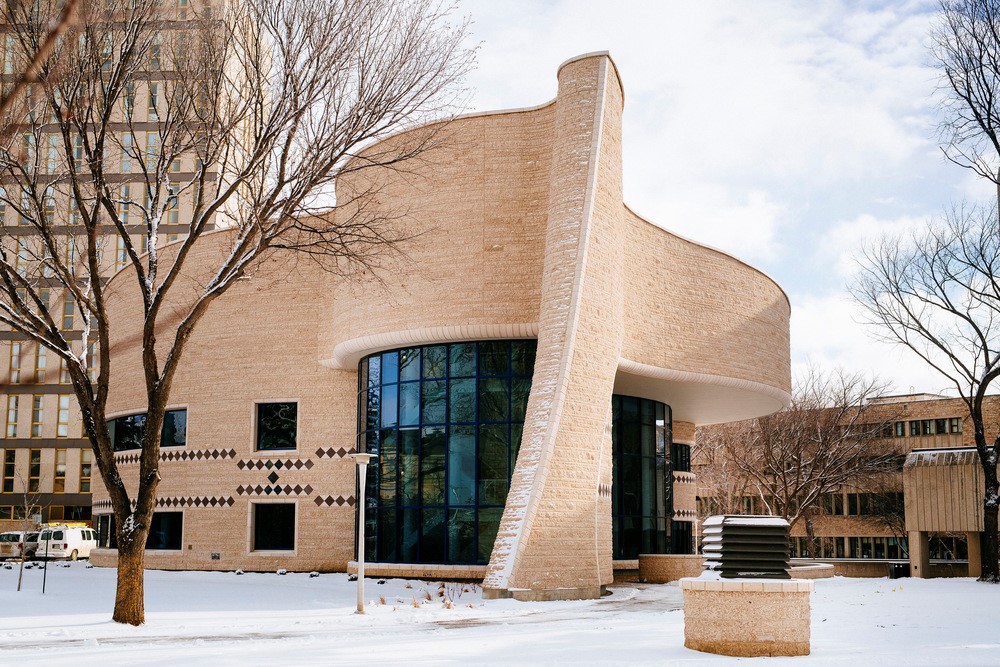 A Building designed by Douglas Cardinal sits atop the snow
