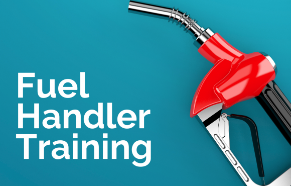 superimposed onto a teal blue background are the words "Fuel Handler Training" in the lower left corner, with a red handled gas pump handle on the right