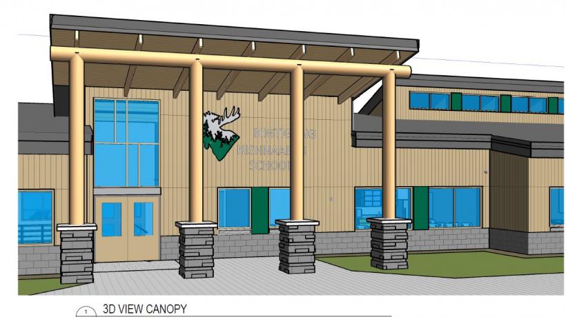 A rendering of the new school shows the front facade entrance with the words Biigtigong First Nation School