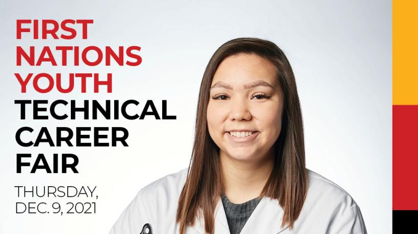 A lady with short brown hair is wearing a white lab coat and holding a clipboard with the words "First Nations Youth Technical Career Fair" on the picture. 